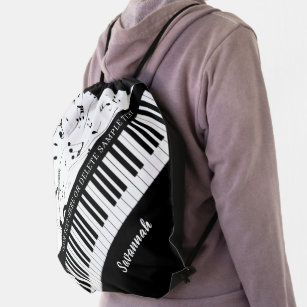 Custom Piano Music Notes Script Name Black White Drawstring Bag