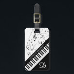 Custom Piano Music Notes Script Name Black White Luggage Tag<br><div class="desc">Modern, stylish luggage ID tag with piano keyboard and music notes in black and white personalised with your monogram and name in a handwritten script font and your contact information on the back. CHANGES: You can change the white background colour or the text font style, colour, size and placement by...</div>