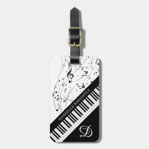 Custom Piano Music Notes Script Name Black White Luggage Tag