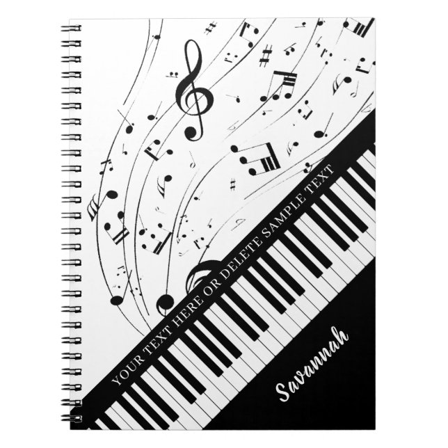 Custom Piano Music Notes Script Name Black White Notebook (Front)