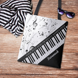 Custom Piano Music Notes Script Name Black White Tote Bag