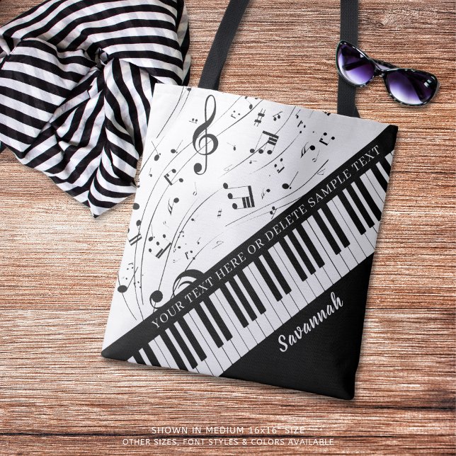 Custom Piano Music Notes Script Name Black White Tote Bag (Creator Uploaded)