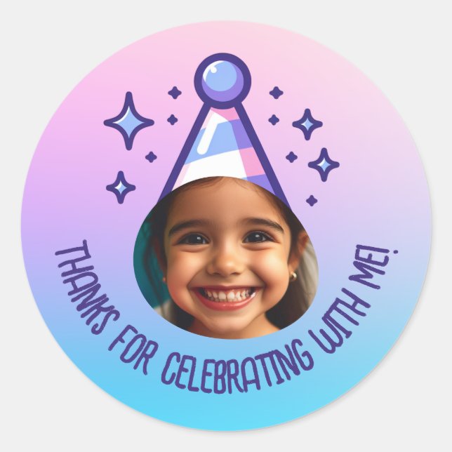 Custom Pic Birthday Thanks Party Pastel Gradient Classic Round Sticker (Front)