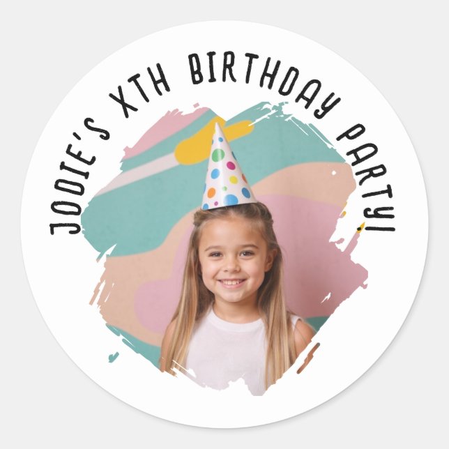 Custom Pic Name Artsy Brushstroke Birthday Any Age Classic Round Sticker (Front)