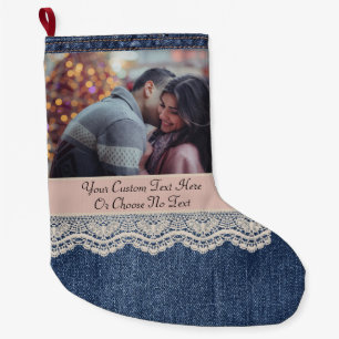 Custom Pic/Text Blue Jeans Denim Chic Lace Large Christmas Stocking