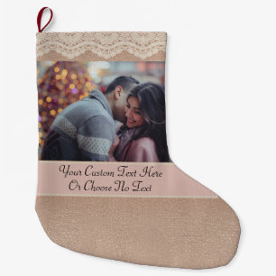 Custom Pic/Text Dusty Rose Gold Girly Vintage Lace Large Christmas Stocking