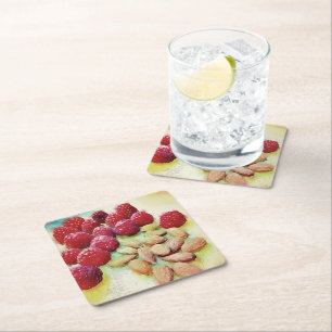 Custom Picnic Snack Raspberries Almonds Watercolor Square Paper Coaster