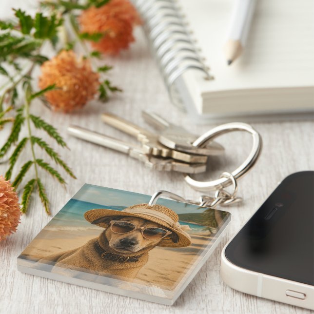 Custom Picture & Text Retro Beach Poster Key Ring (Front Right)
