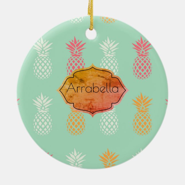 Custom Pineapple Blue Pineapple Pattern Ceramic Ornament (Back)