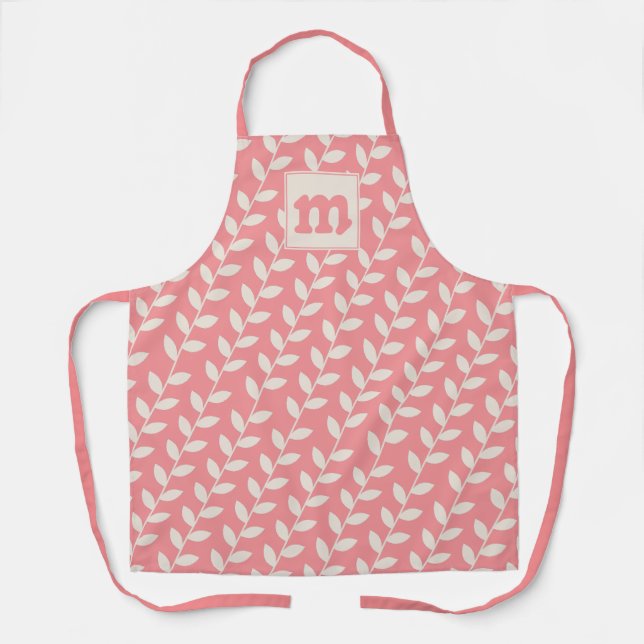 Custom Pink 70s Retro Leaf Pattern Monogram Apron (Front)