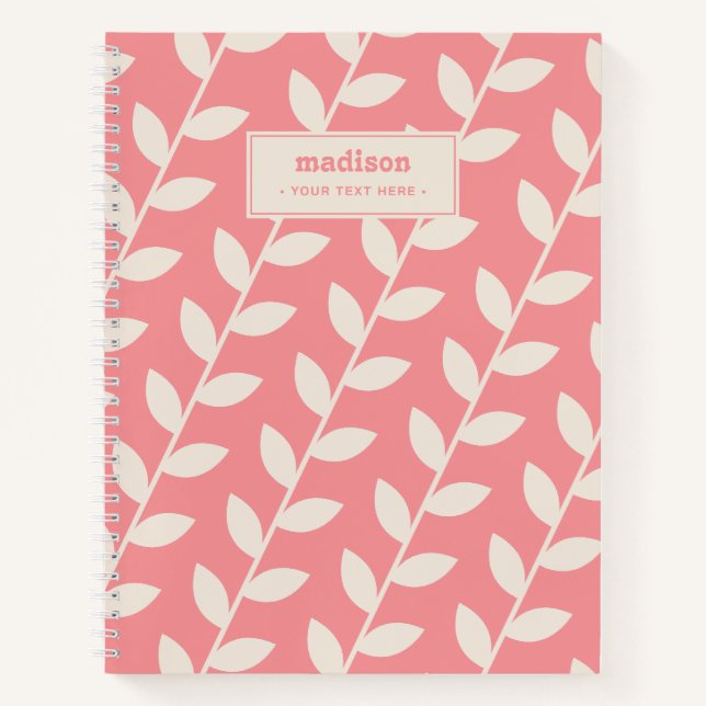 Custom Pink 70s Retro Leaf Pattern Monogram Notebook (Front)