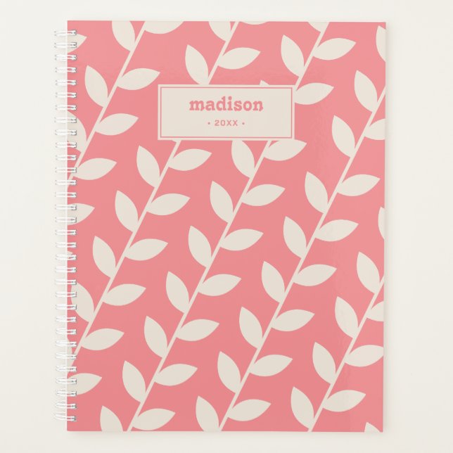 Custom Pink 70s Retro Leaf Pattern Monogram Planner (Front)
