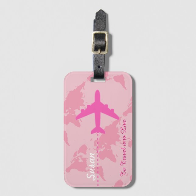 custom pink aeroplane travel girly luggage tag (Front Vertical)