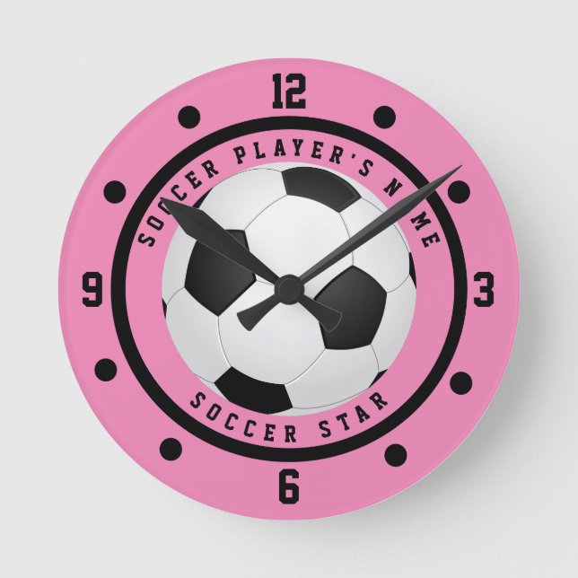 Custom Pink and Black Girl's Soccer Star Player  Round Clock (Front)