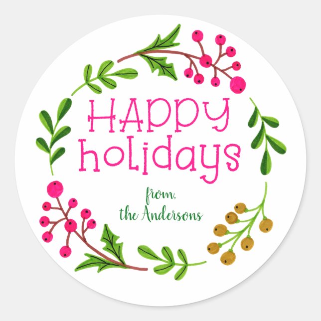 Custom Pink and White Happy Holidays Wreath Classic Round Sticker (Front)