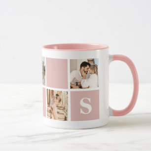 Custom Pink and White Monogram Photo Collage Mug