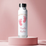 Custom Pink Baby Name See You Soon Water Bottle<br><div class="desc">Celebrate the anticipation of a baby girl's arrival with this adorable personalised water bottle! Featuring pink baby footprints and the phrase “See You Soon, ” this design includes custom text for a special aunt,  grandma,  or loved one. A heartwarming gift for pregnancy announcements,  baby showers,  or long-distance family.</div>
