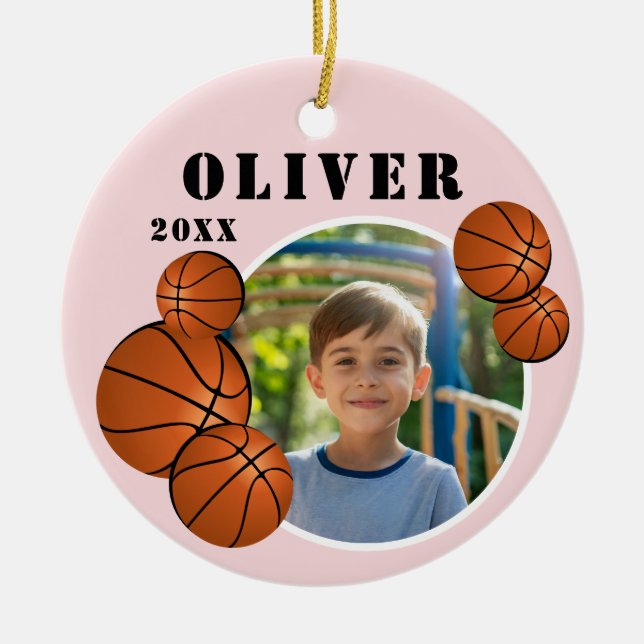 Custom Pink Basketball Ball Sports Photo Ceramic Ornament (Front)
