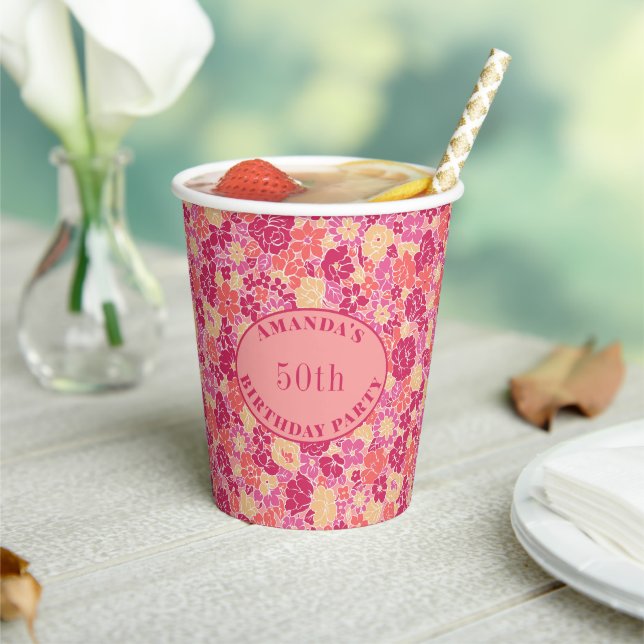 Custom Pink Beige Floral Pattern Paper Cups (Insitu)