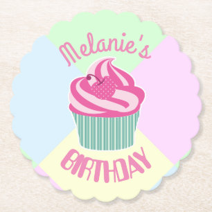 Custom Pink Birthday Cupcake Paper Coaster