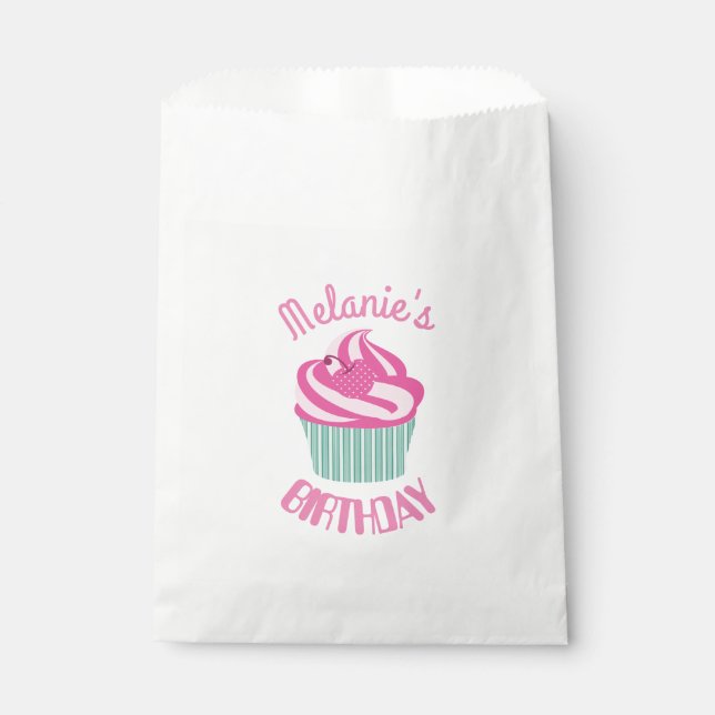 Custom Pink Birthday Cupcake Personalised Favour Bag (Front)