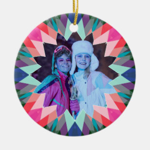 Custom Pink Blue Christmas Star Photo Gift Tree Ceramic Ornament