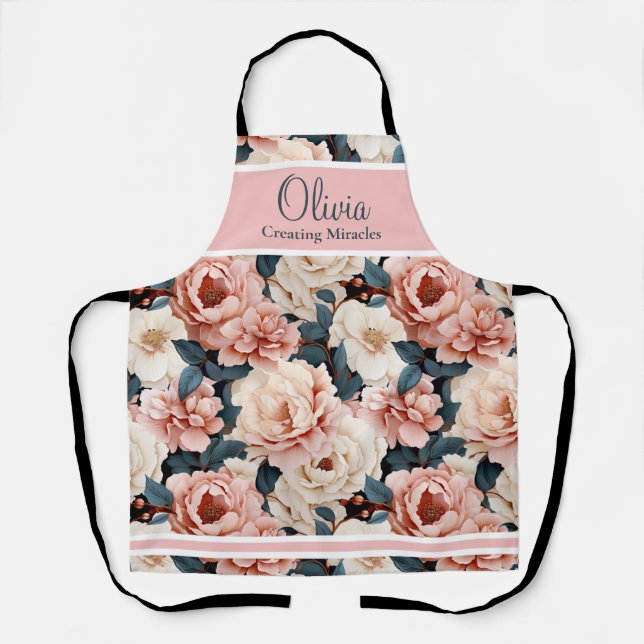 Custom Pink Blue Elegant floral Pattern Apron (Front)