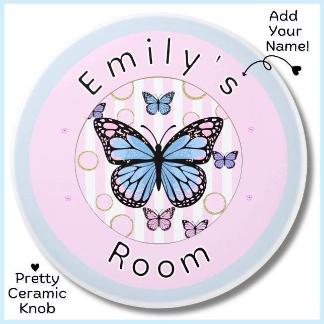 Custom Pink Blue Purple Butterfly Ceramic Knob (A pretty custom name ceramic knob featuring butterflies in soft pink and blue, white and gold.)