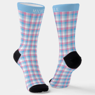 Custom Pink Blue White Chequered Pattern Socks
