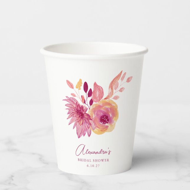 Custom Pink Boho Floral Garden Chic Bridal Shower Paper Cups (Front)
