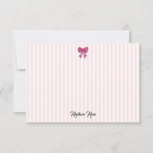 Custom Pink Bow Pink Stripe Preppy Thank You Card