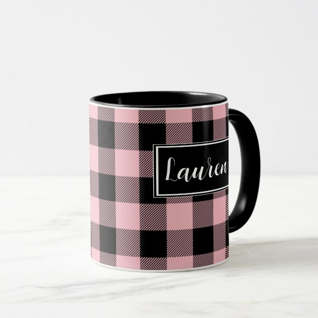 Custom Pink Buffalo Check Plaid Mug (Front Right)