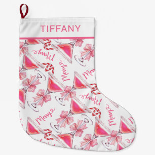 Custom Pink Candy Cane Martini Large Christmas Stocking