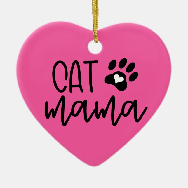 Custom Pink Cat Mom Cat Mama Heart Shaped Ceramic Ornament (Front)