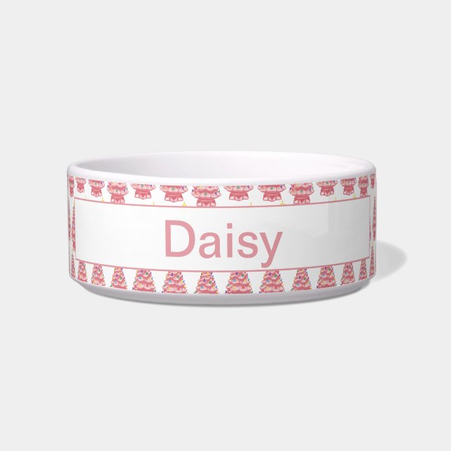 Custom Pink Ceramic Xmas Trees Pet Bowl (Front)
