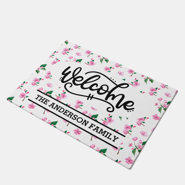 Custom Pink Cherry Blossom Floral Welcome Doormat (Angled)