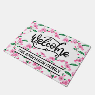 Custom Pink Cherry Blossom Floral Welcome Doormat