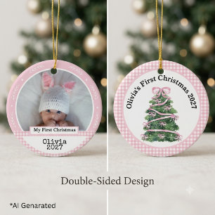 Custom Pink Christmas Gingham Bow Baby Girl Photo Ceramic Ornament