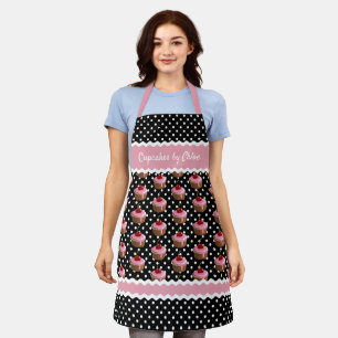 Custom Pink Cupcakes Polkadots Pattern On Black Apron
