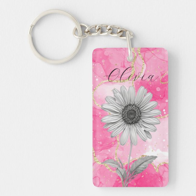Custom Pink Daisy Flower Key Ring (Front)