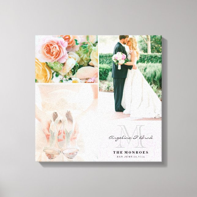 Custom Pink Damask Monogram Wedding Photo Collage Canvas Print (Front)