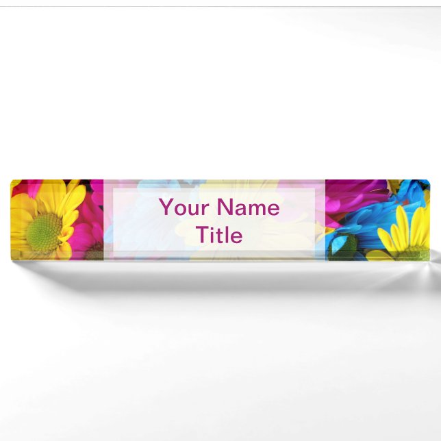 Custom Pink Desk Name Plate daisy colourful flower (Front)