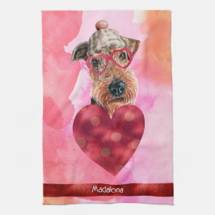 Custom Pink Dog Lover Valentine Gift Airedale  Tea Towel