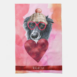 Custom Pink Dog Lover Valentine Gift Border Collie Tea Towel