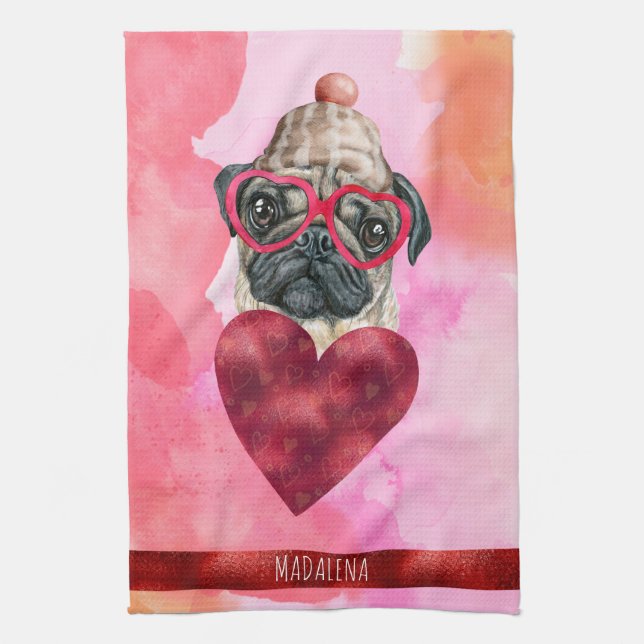 Custom Pink Dog Lover Valentine Gift Pug Tea Towel (Vertical)