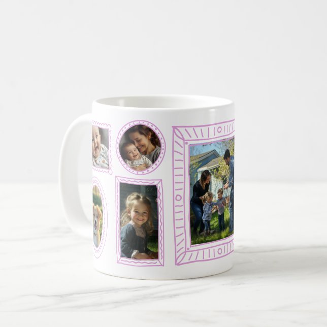 Custom Pink Doodle Frame 8-Photo Collage  Coffee Mug (Front Left)