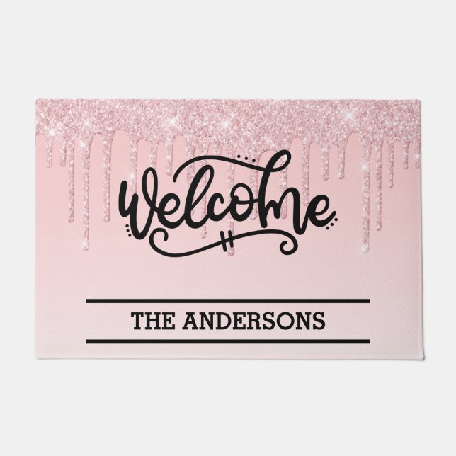 Custom Pink Dripping Glitter Welcome Doormat (Front)