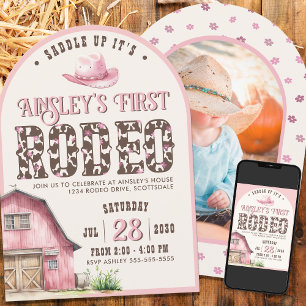 Custom Pink First Rodeo Pink Arched Photo Birthday Invitation