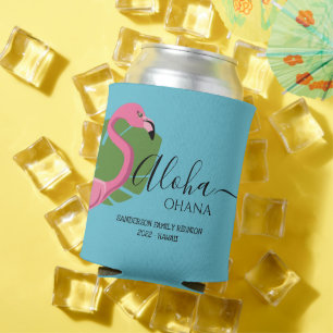 Custom Pink Flamingo Aloha Ohana family reunion Can Cooler