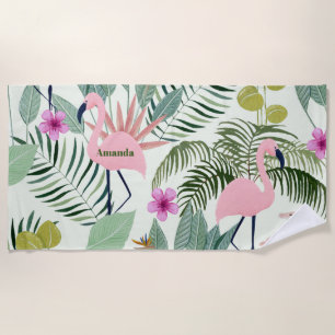 Custom Pink Flamingo Green Leaf Bachelorette  Beach Towel